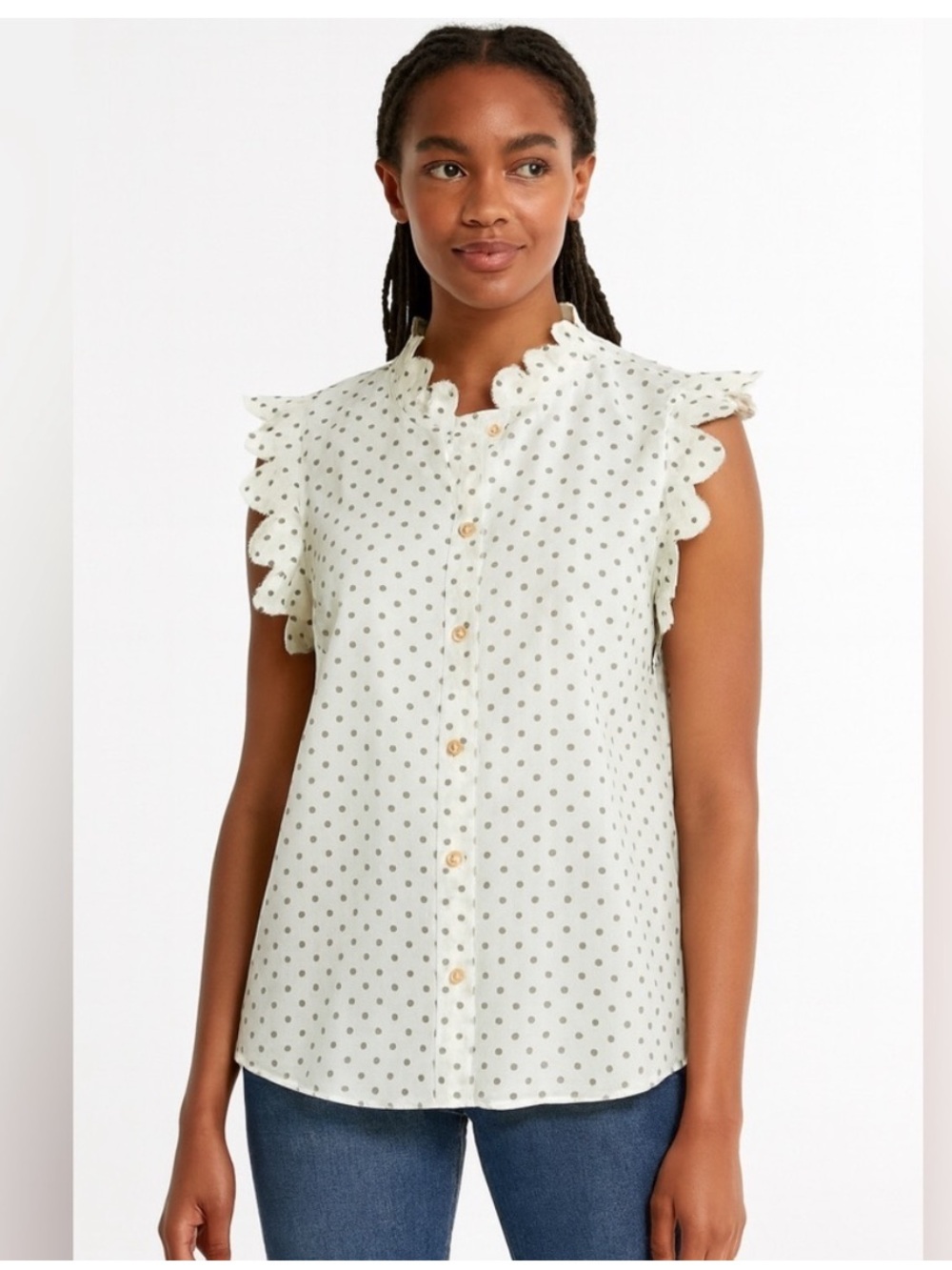 UQNATU 100% Cotton Polka Dot Blouse Sustainable White Made in USA Size Large